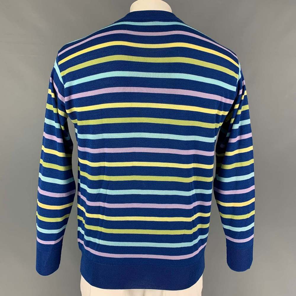 GENE MEYER Blue Yellow Stripe Cotton Blend Crew-Neck Pullover - Picture 3 of 4